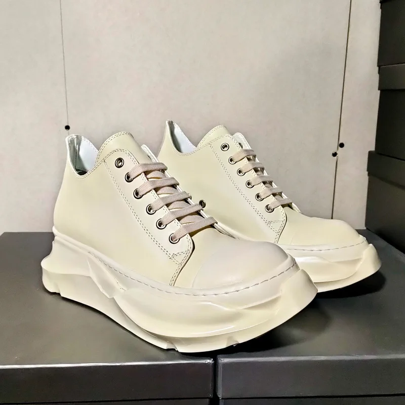 New Men Black Leather Low Top Shoe Height Increasing Platform Fashion Canvas Sneakers Round Head Vintage Women Casual Shoes