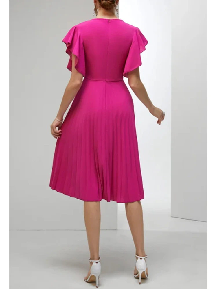 Elegancka plisowana sukienka damska A-Line V-neck Ruffle Sleeve Casual Plus Size Summer Party Club Wedding Guest Cocktail Midi Dresses