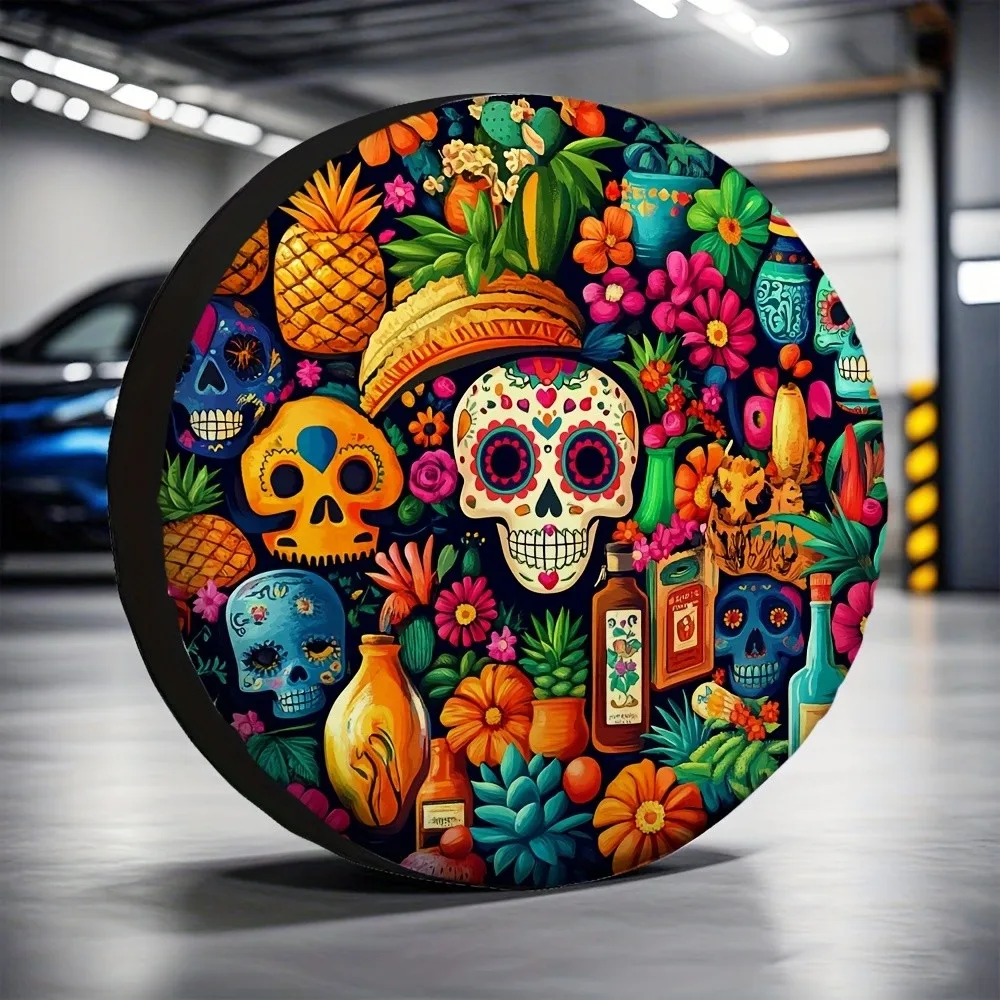 

Sugar Skull Day of the Dead Tire Cover Durable Polyester Spare Wheel Protector for Car SUV