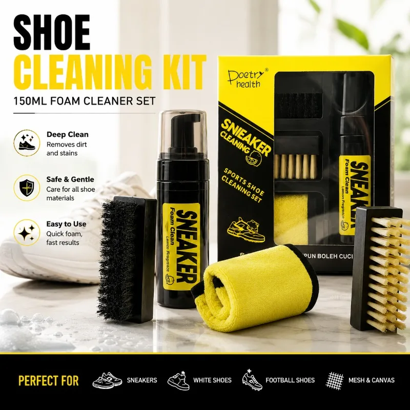 Shoe Cleaning Kit 150ML Foam Cleaner Dry Cleaning Brush Cloth Set for Sneakers, White Shoes, Football Shoes, Mesh Canvas