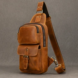 Bolsa de peito masculina de couro crazy horse, casual, camada superior de couro de vaca, novo padrão, bolsa crossbody de ombro único, designer masculino