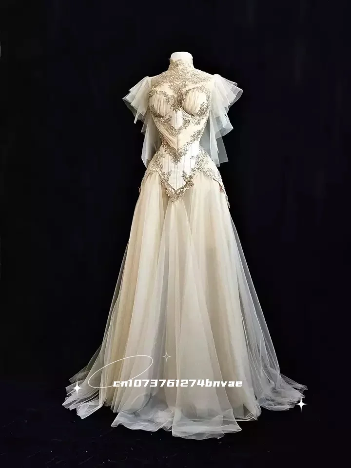 

Vintage Medieval Wedding Dress Champagne Lace Appliques Tulle A-Line Corset Bridal Gowns Customized Vestidos De Novia