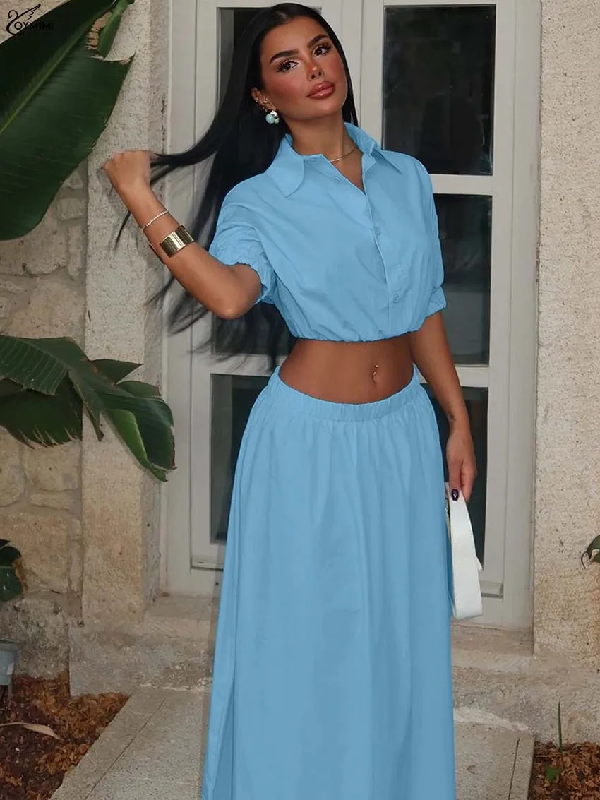 Oymimi Autumn Blue Woman 2 Piece Set Outfit Fashion Half Sleeve Single Breasted Crop Shirts And Straight Floor-Length Skirts Set
