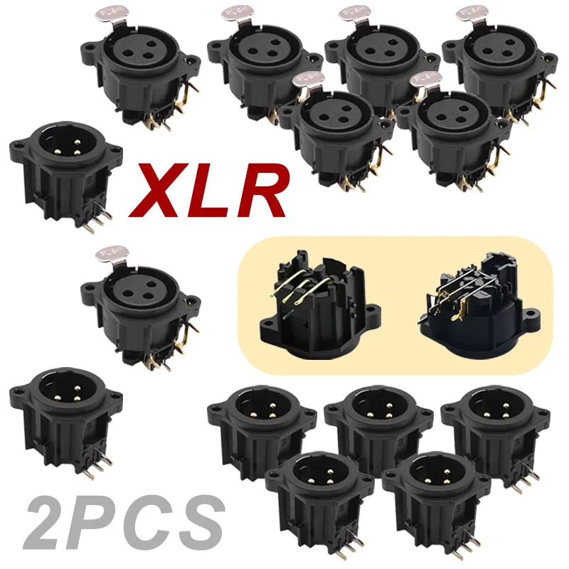 2Pcs 3Pole XLR Connector Right Angle Gold Pin Male Female Jack Plug PCB Panel Socket for Mic Chassis