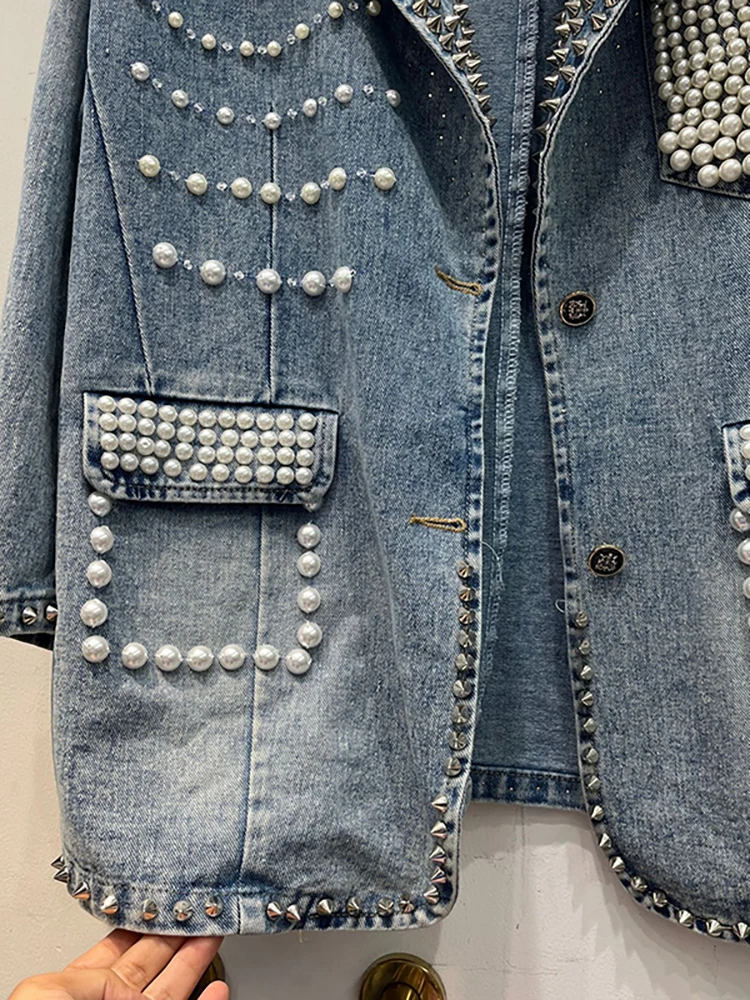 DEAT Women Denim Blazers Patchwork Notched Collar Pearls Diamond Embroidered Flares Suit Jackets 2024 Summer New Fashion 29L6434