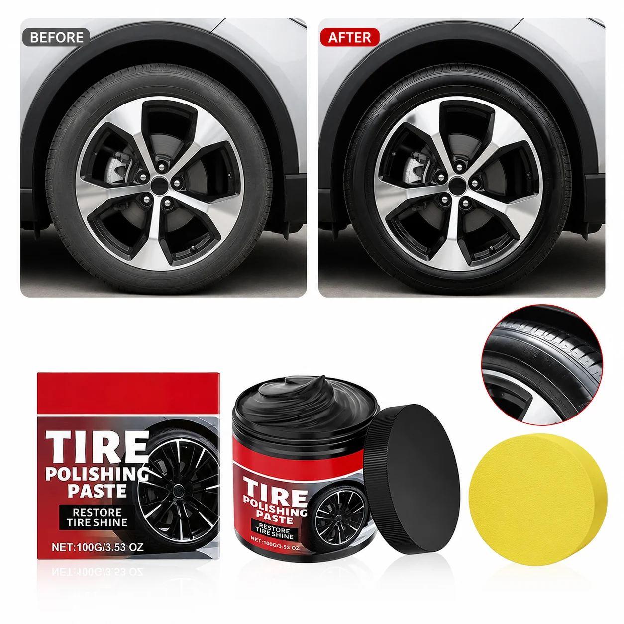 Tire Polishing Paste Car Tire Restorer Shine Cream Anti Crack UV Protection Tire Care Wax for Auto Detailing