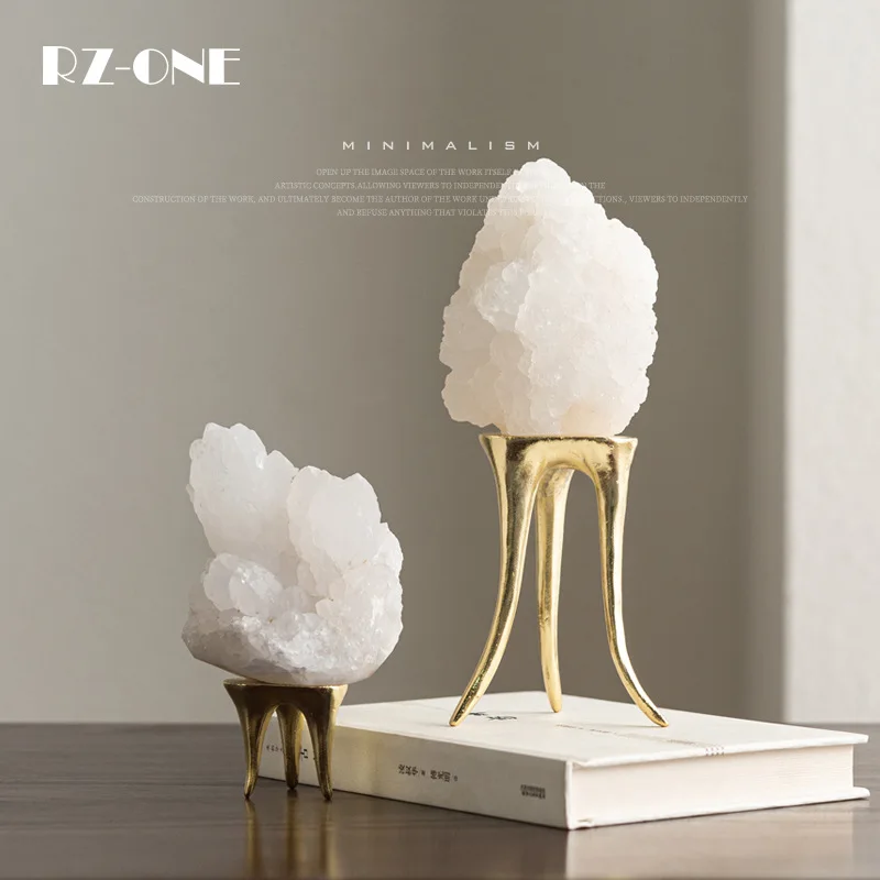 White Quartz Crystal Cluster Decor Pieces with Golden Metal Tripod Stands for Home Office Living Room Tabletop, Set of