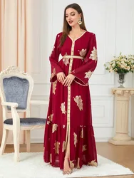 Abiti da festa Abaya musulmano donna Dubai 2024 ferro manica lunga con scollo a v bottone Maxi abito lungo nastro con cintura caftano orlo diviso abiti