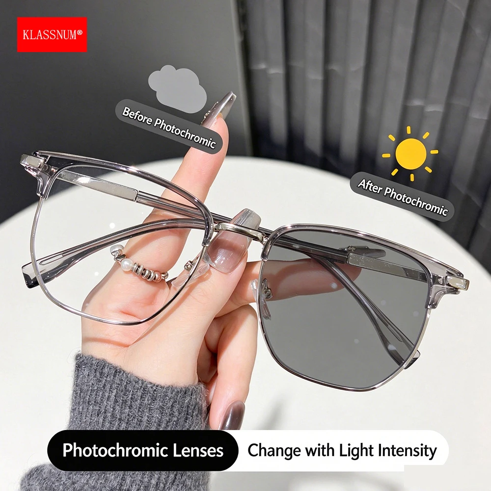 KLASSNUM Men Retro Browline Square Lens Metal Half Frame Transparent Glasses Anti Blue Light Glasses Photochromic Sunglasses