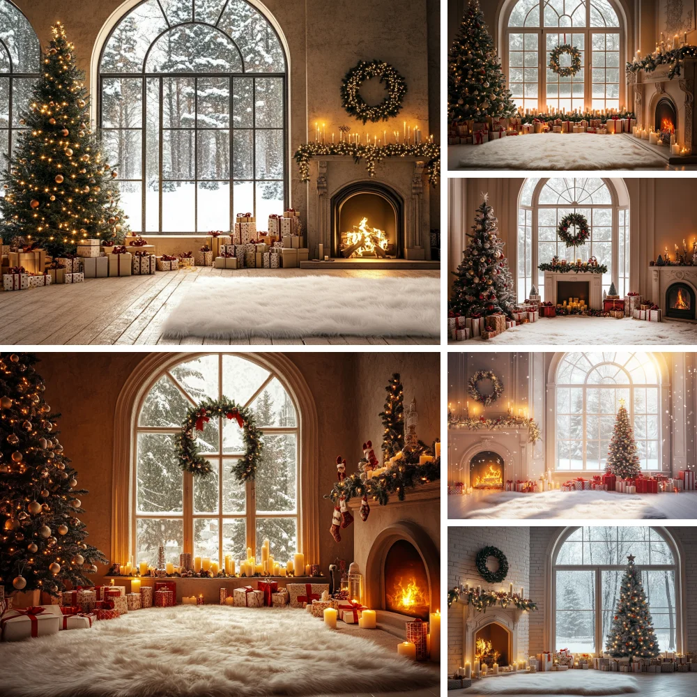

Christmas Room Photo Backdrop Winter Snow Forest Window Photography Backdrop Children Birthday Kids Portrait Photo Studio Props