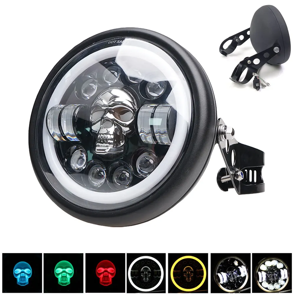 7inch Motorcycle Headlight LED Running Lamp 80W Colorful DRL RGB Skull Angel Eyes For Harley Honda Vintage Cafe Racer Cruiser