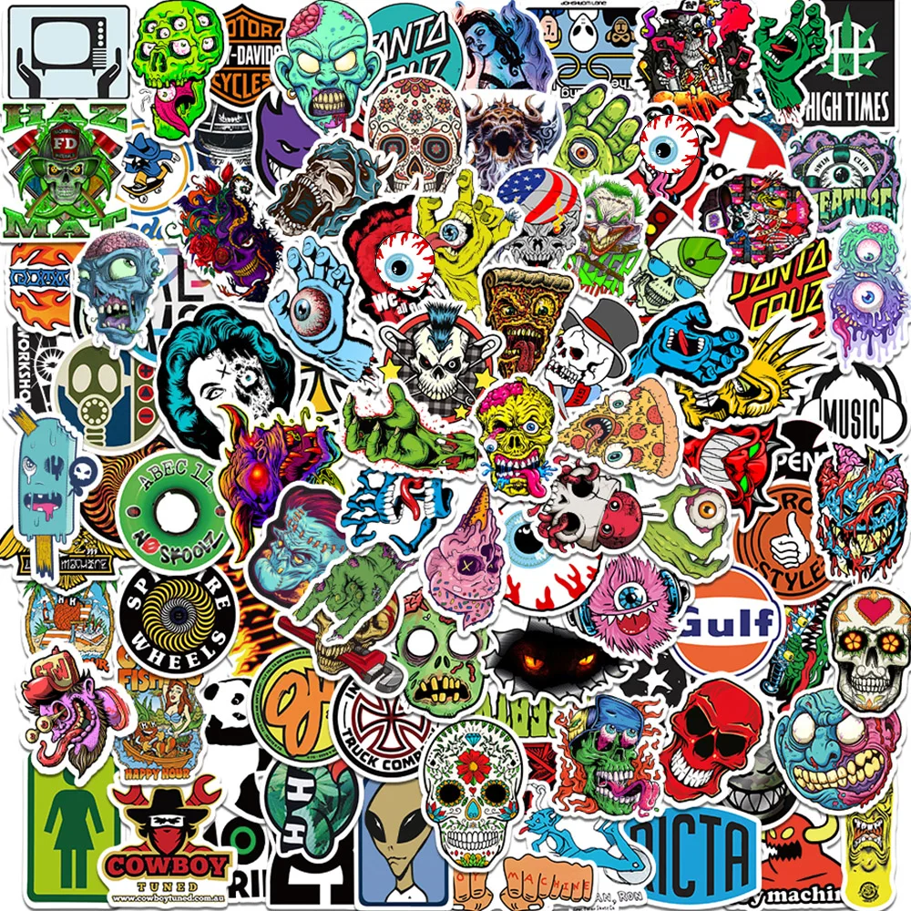 10/30/50/100pcs Street Style Horror Skull Graffiti Stickers for Phone Skateboard Helmet Motorcycle Halloween Cool Sticker Packs