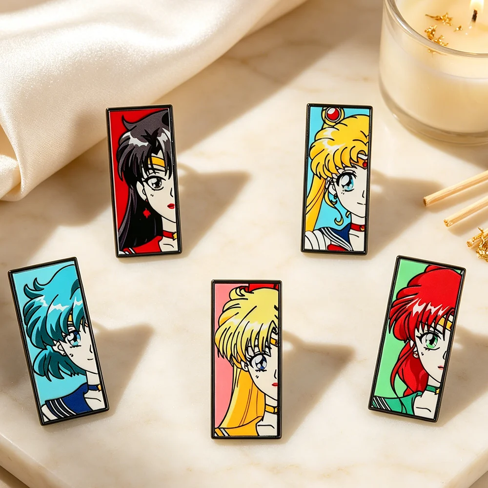 Sailor Moon Retro Anime Girl Enameled Lapel Pin Rectangle Metal Badges for Backpack Collectible Gift for Anime Fans