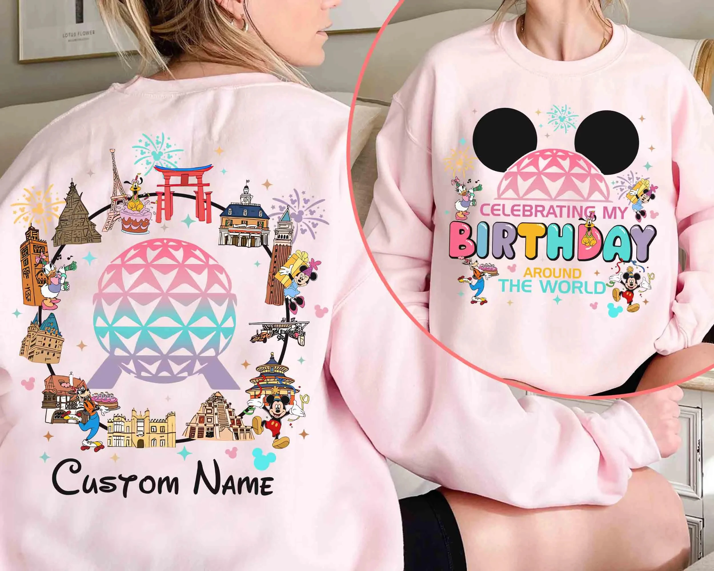 

Персонализированная двусторонняя рубашка «Признание моего дня рождения вокруг света» Рубашка на день рождения Epcot Футболка Disney Epcot Tour