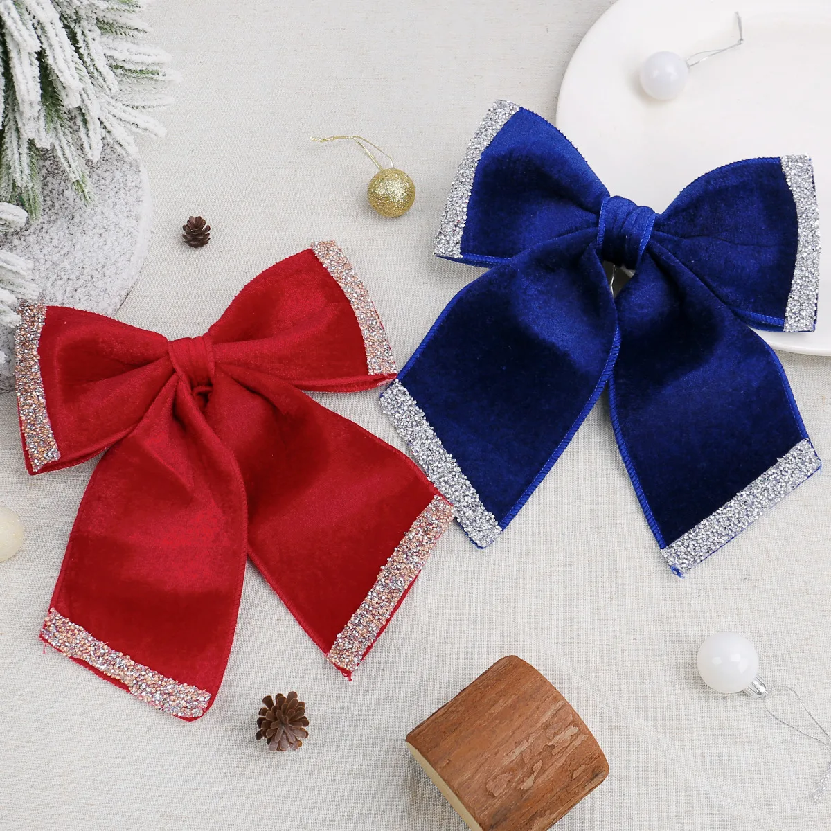 Large Christmas Glitter Bows Decoration Red Blue Bowknot Ornaments Xmas Tree Hanging Bow Home Party Scene Decoration Props
