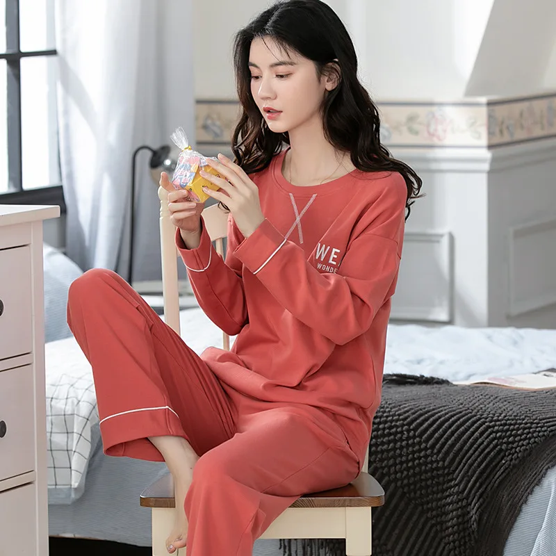 

Spring Autumn Women's Pure Cotton Pajamas Round Neck Long Sleeve Pullover Pants Oversized Loose Casual Home Clothing Set