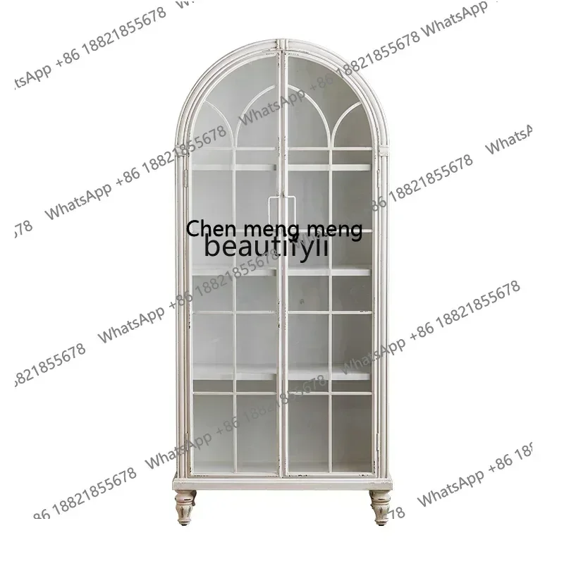 

zxS American Retro Distressed Wrought Iron Dining Side Entrance Cabinet Living Room Arched Storage Display Cabinet Made of Glass