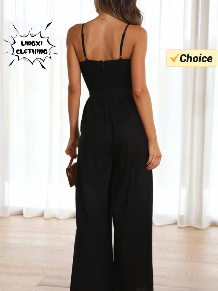 2024 Summer Fashion New Vacation Style Women\'s Jumpsuit Solid Color Temperament Slippery Strap Sexy Jumpsuit Wide Leg Pants