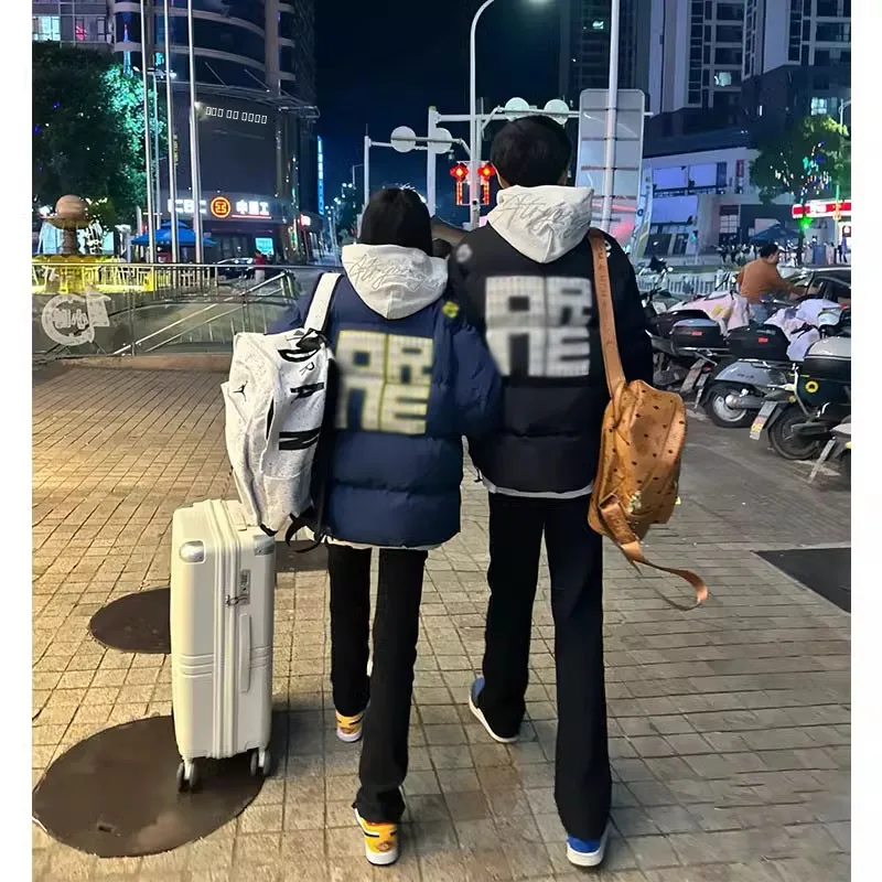 

Thiened Flight Letter Embroidery Du down Puffer Jaet Men's Winter Coat American High Street Couple Outerwear