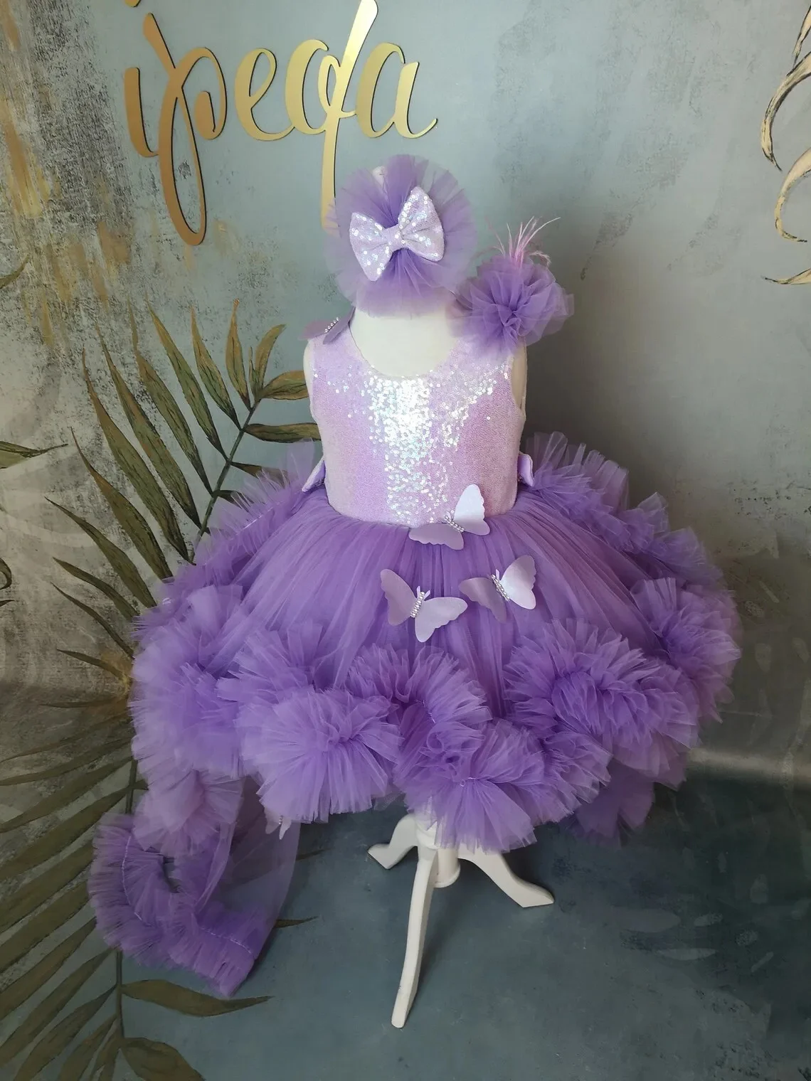 

Flower Girl Dress 3d Butterfly Purple Tulle Puffy With Bow Princess Kid Birthday Party Detachable Tail First Communion Ball Gown