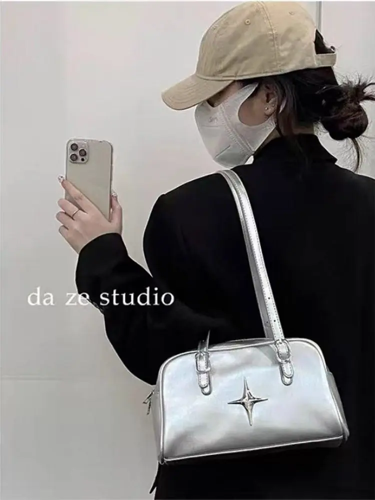 JIAERDI Retro Silver Shoulder Bags Women High Street Hot Girls Pu Leather Casual Handbag Female Retro Harajuku Y2k Bag Aesthetic