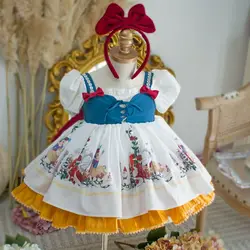 Lolita Lace Dress for Girls Spanish Snow White Baby Dresses Headband Summer Birthday Party Cute Children Gown Boutique Vestidos