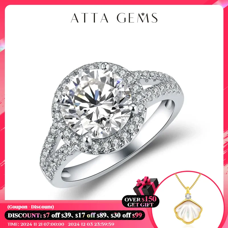 ATTAGEMS 3.0ct D Color Round 18K White Gold Plated 925 Silver Moissanite Ring For Men Diamond Test Passed Boyfriend Husband Gift