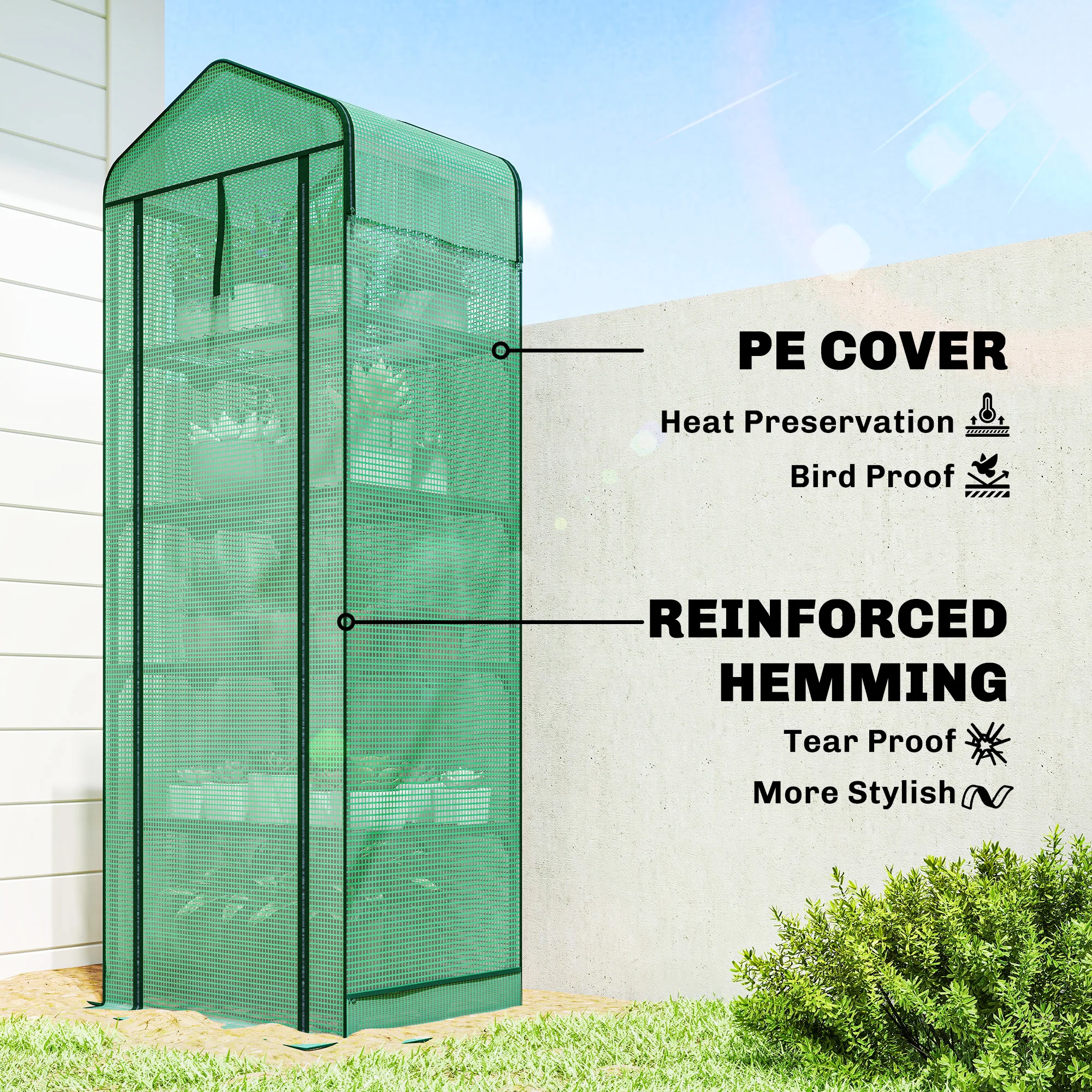 5 Tiers Mini Greenhouse w/ Screen Roof, Reinforced PE Cover, Green