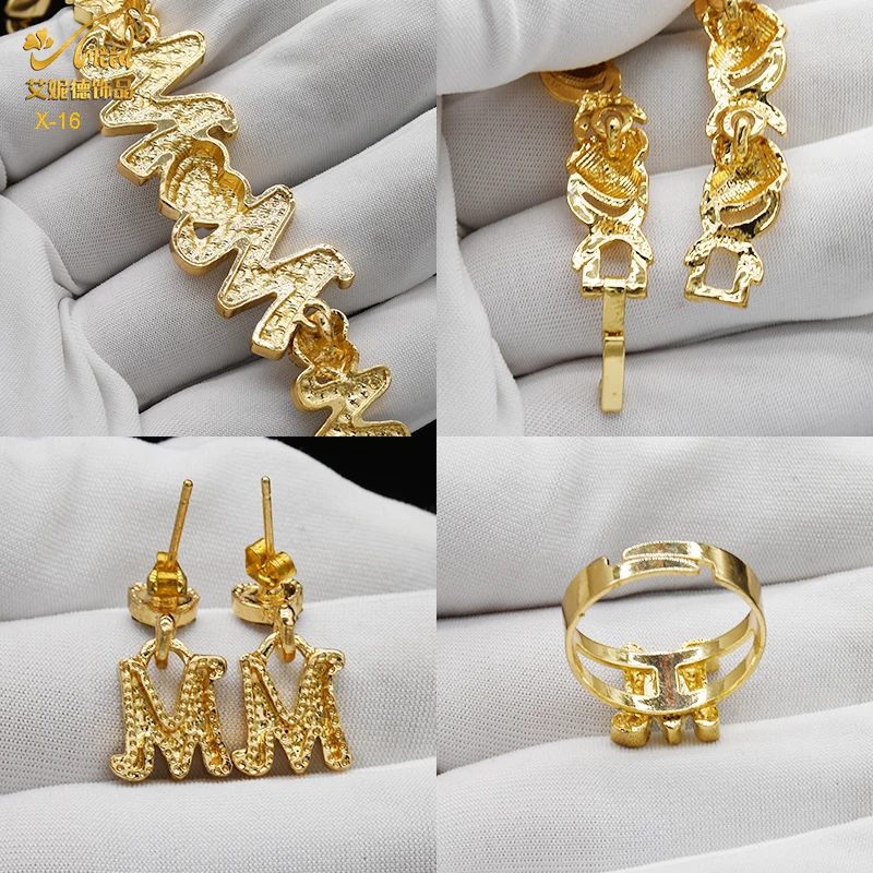XUHUANG XOXO Women Necklace Set 18K Gold Color Bride M&M Crystal Wedding Necklace Earrings Bracelet Ring Jewelry Set Party Gift