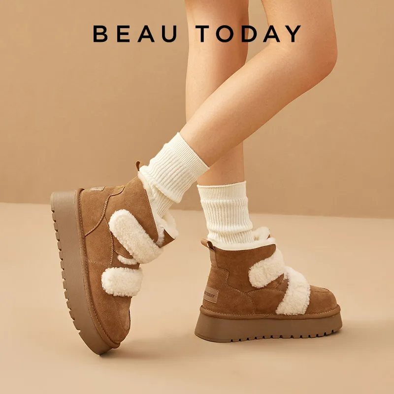 BEAUTODAY Winter Snow Boots Women Cow Suede Leather Warm Plush Thick Sole Hook Loop Anti-Slip Ladies Furry Shoes Handmade 08074