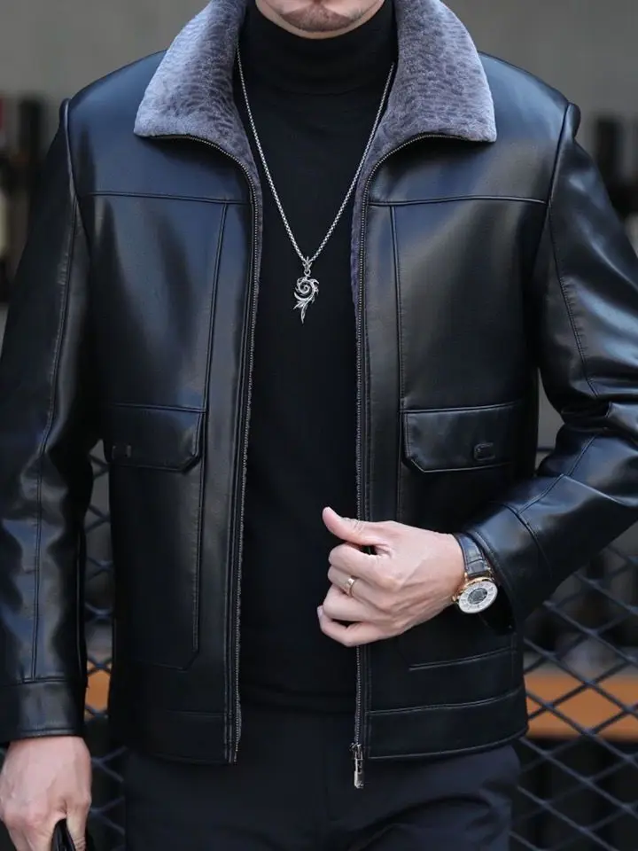 

Мужская кожаная куртка из овчины Thiened Fce на подкладке, одежда для папы, осенне-зимняя шуба среднего возраста и ly Sle