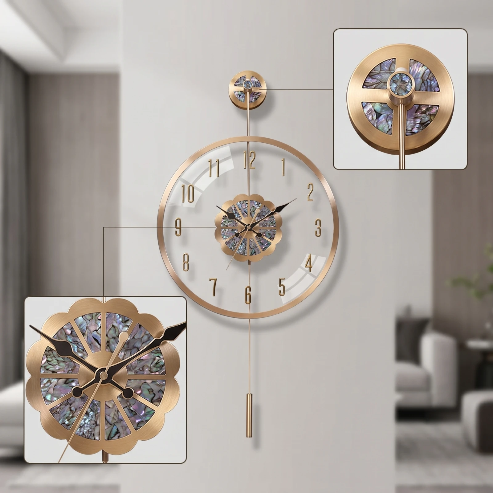 Battery Operated Wall Clock Quartz Wall Clock with Pendulum Non-Ticking Large for Decorators, Living Room, Hallway