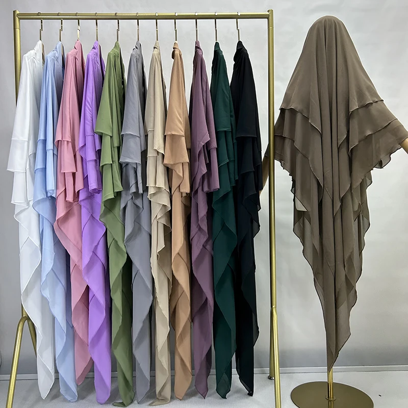 Três Camadas Chiffon Khimar com Cordas Niqab para Mulheres Muçulmanas, Vestuário de Oração Islâmica, Longo Hijab, Alta Qualidade, EID, Ramadã,