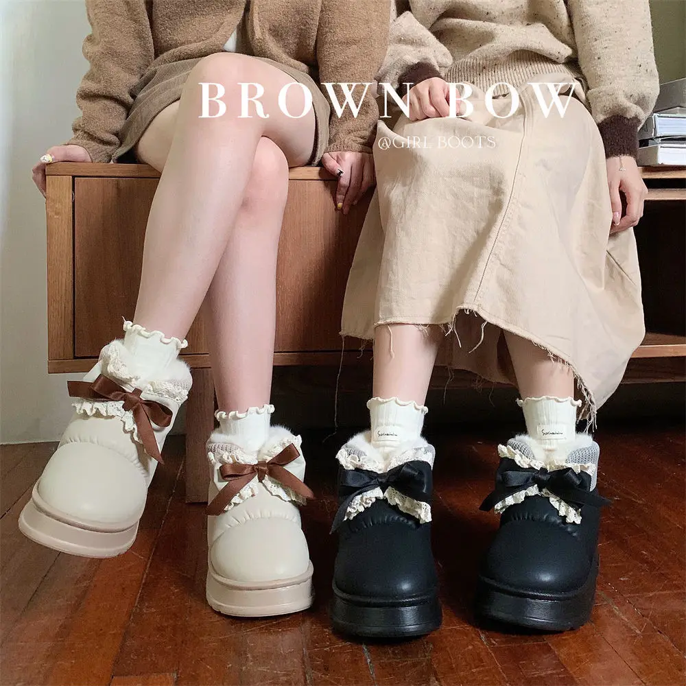 

Winter Women's Home Slippers Fashionable Bow Snow Boots Thick Soles And Plush Indoor Household Cotton Shoes Ankle Boots