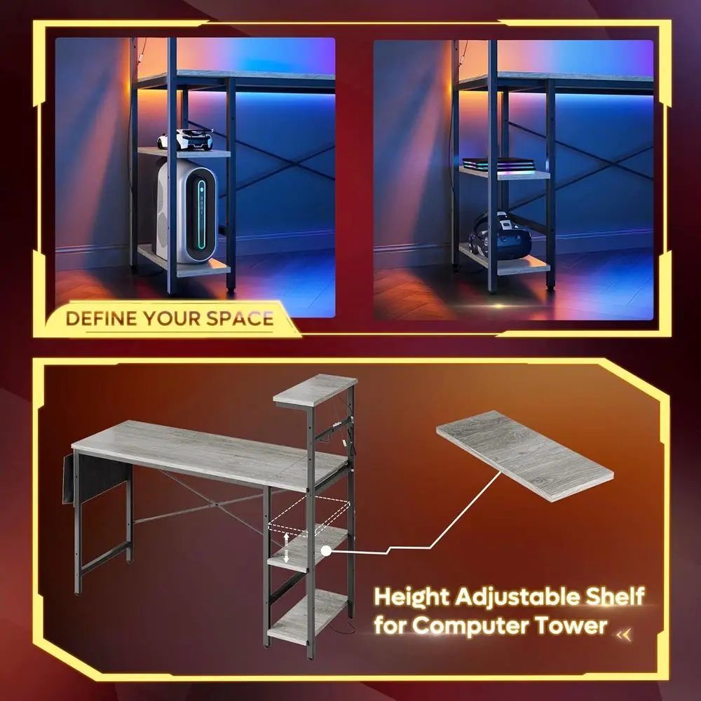 Mesa para jogos com luzes LED, mesa para computador de 51,3 polegadas com prateleiras reversíveis de 4 camadas, escrivaninha para escritório doméstico com armazenamento lateral