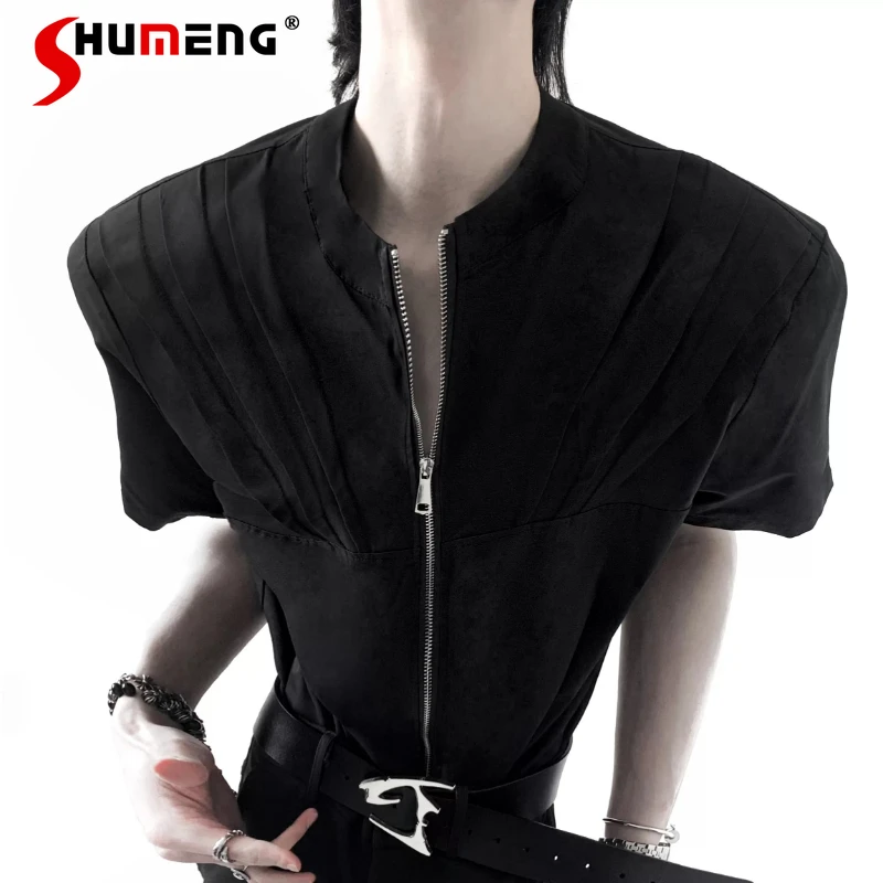 

Men's 2026 Summer Fashion Pleated Design Shoulder Pad Shirts Men's High-end Handsome Loose Comfort Tops Chic Short-sleeve Shirts