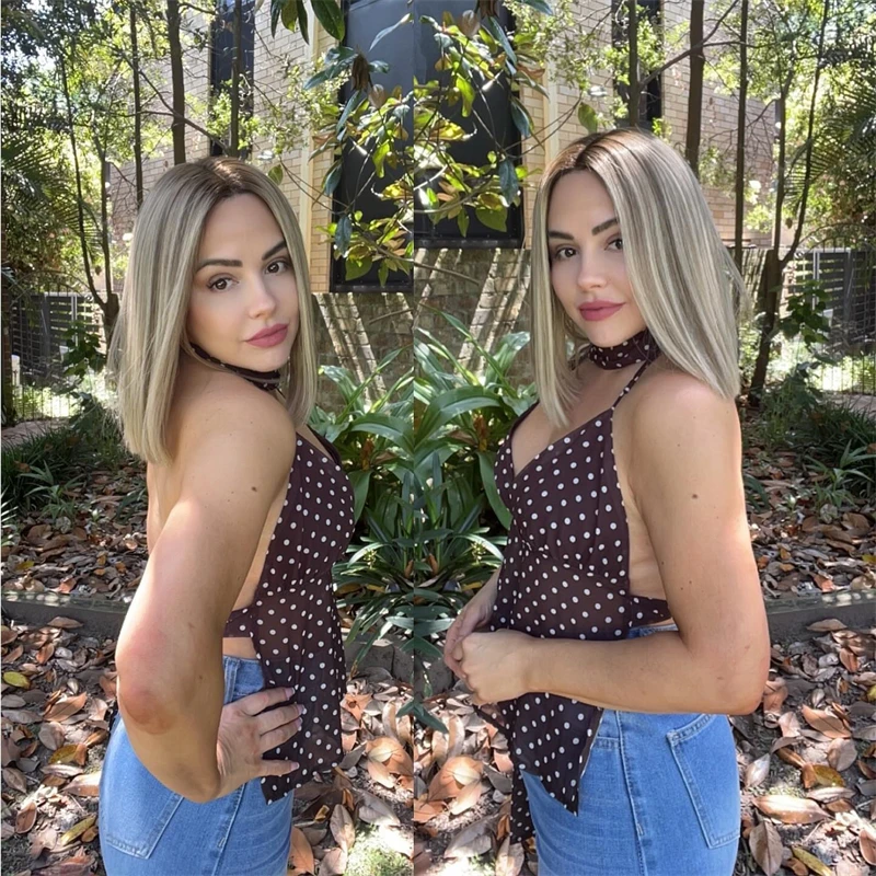 متوسط الحجم قبعة مستقيم بوب أومبير الرماد شقراء الاصطناعية HD الدانتيل شعر مستعار أمامي Balayage قبل قطعها شعري طول الكتف شعر مستعار 12''