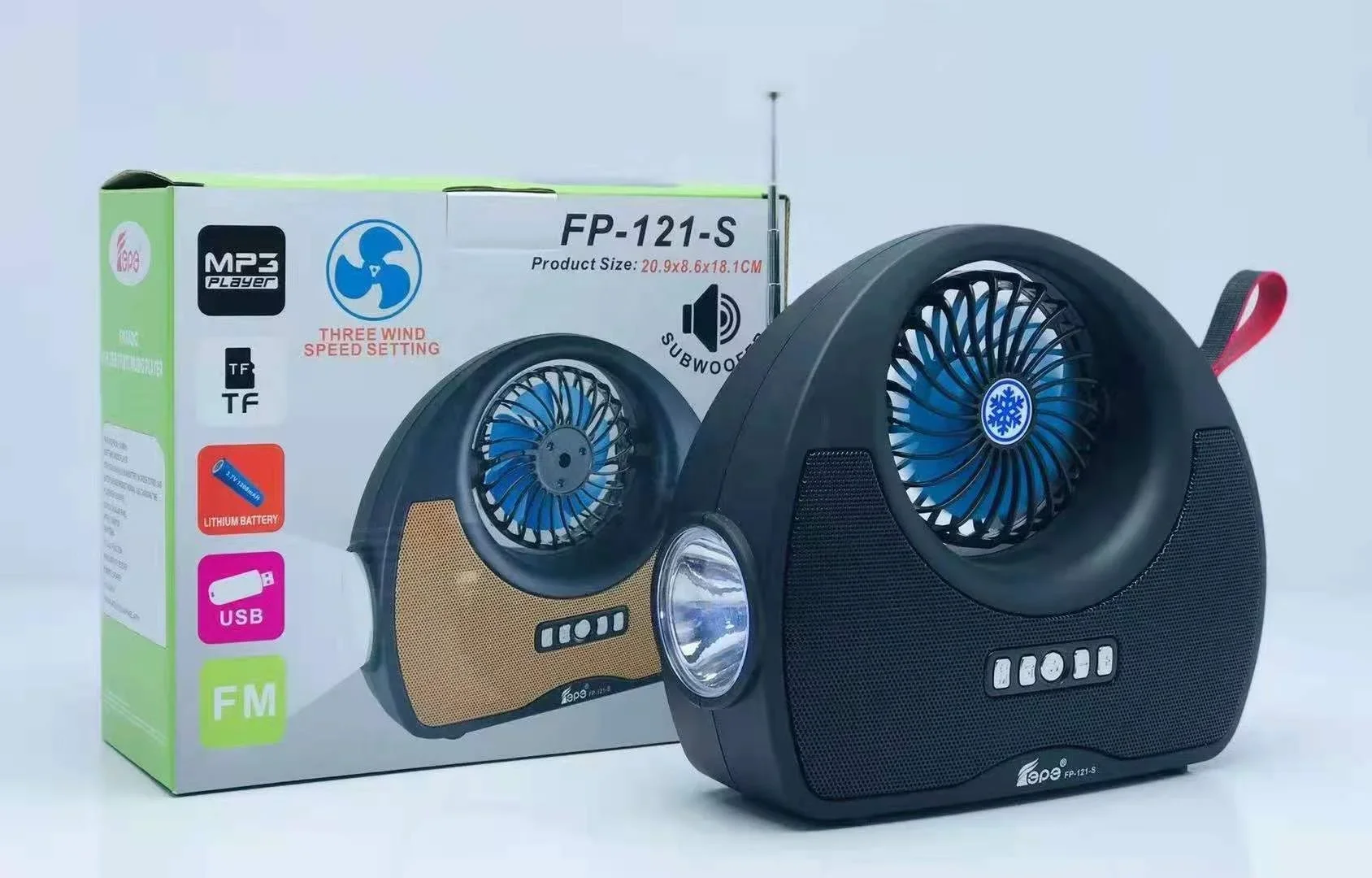 FEPE-Leitor de música sem fio recarregável com rádio FM e ventilador, portátil, exterior, MP3, FP-121-S