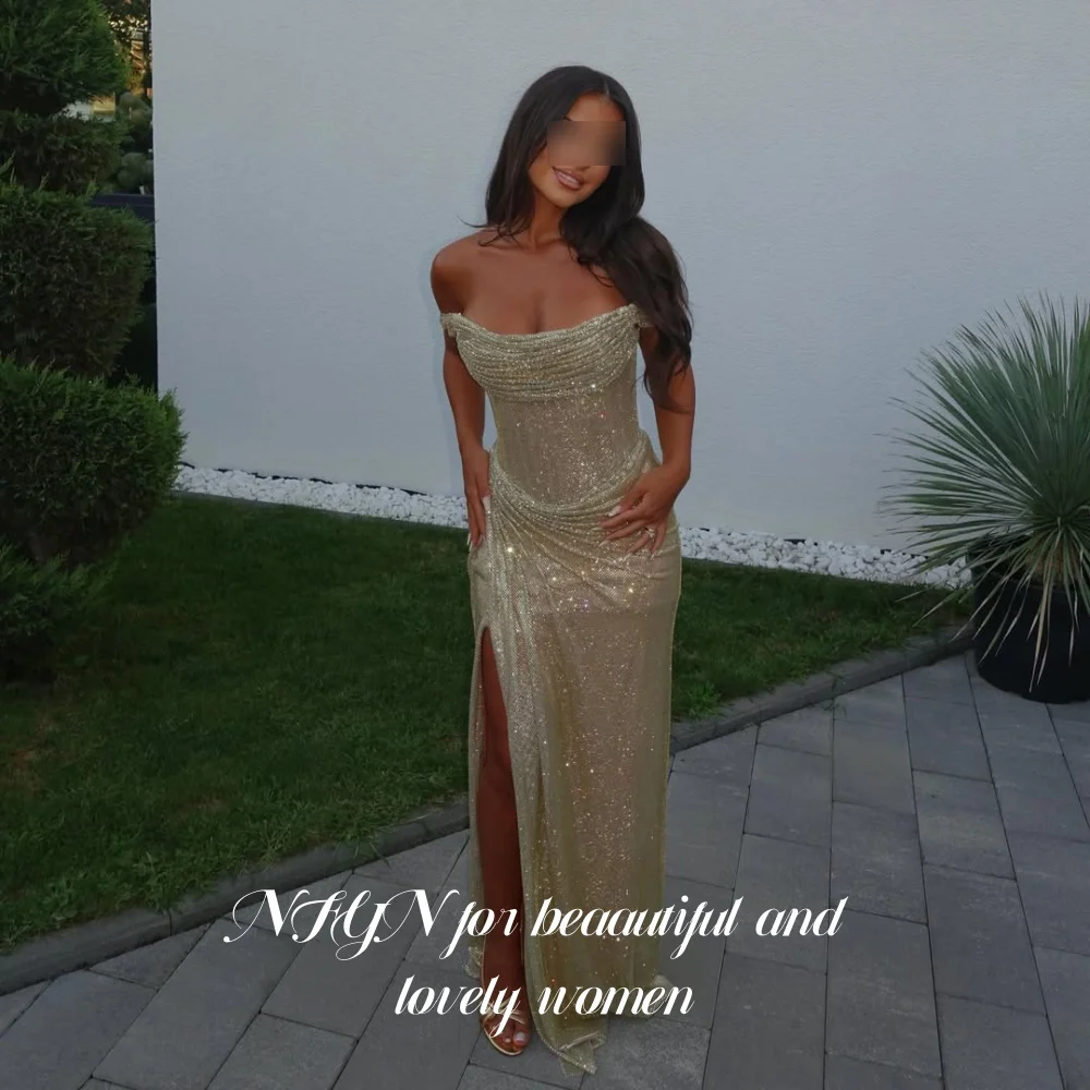 NFYN Luxury Champe Silver Sequin Prom Dress Off Shoulder Draped Evening Gown High Slit Mermaid Red Carpet Party Dress Customized