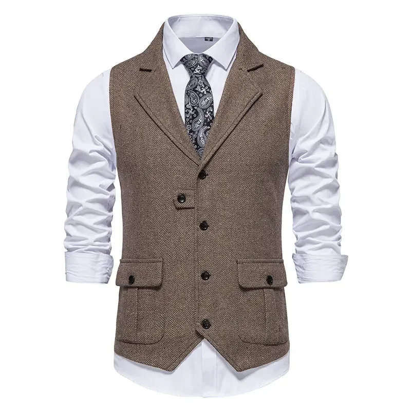 Men\'s Retro Herringbone Tweed Suit Vest Turn-down Collar Male Waistcoat Slim Formal Business Casual Vest ropa hombre 8 Colors