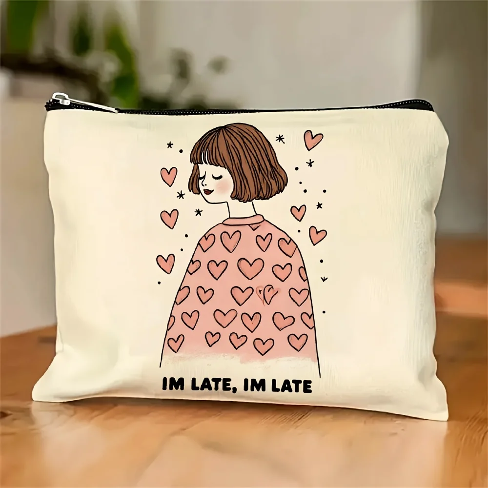 하트 모양 패턴과 'I'M LATE' 텍스트 디자인 메이크업 가방 - 다기능 지퍼 파우치, 보석 보관 가방, 완벽한 여행용