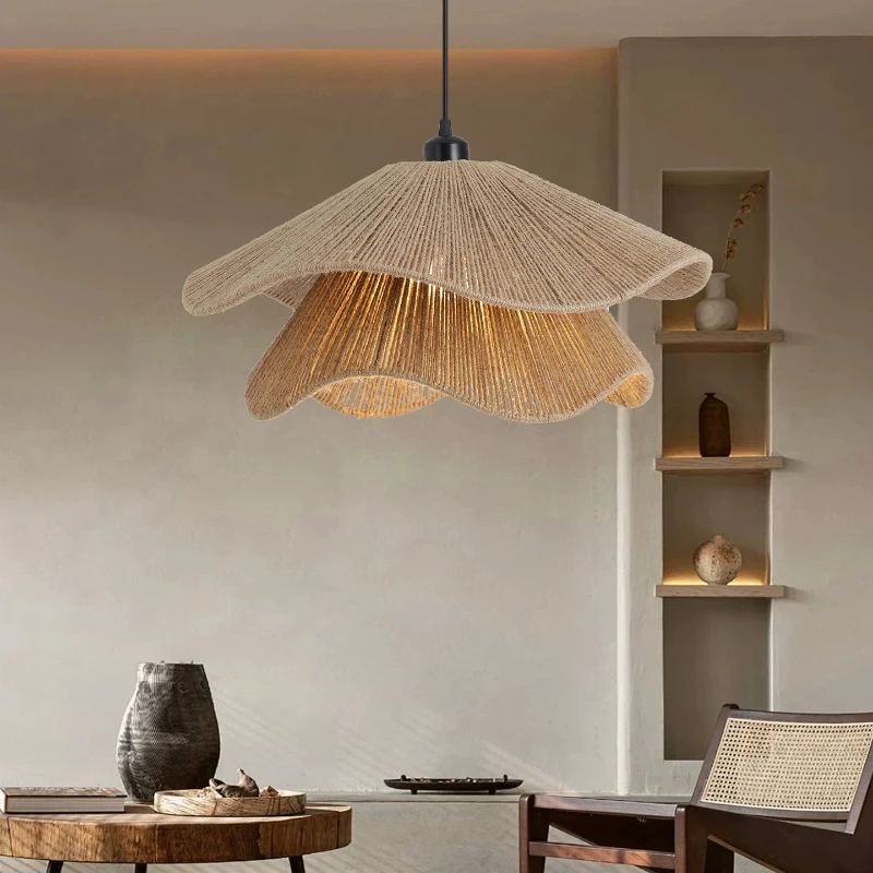 Japanese Wabi Sabi Pendant Lights Hemp Rope Braiding Lampshade Chandelier Bedroom Homestay Study Tea Room Home Lighting Fixtures