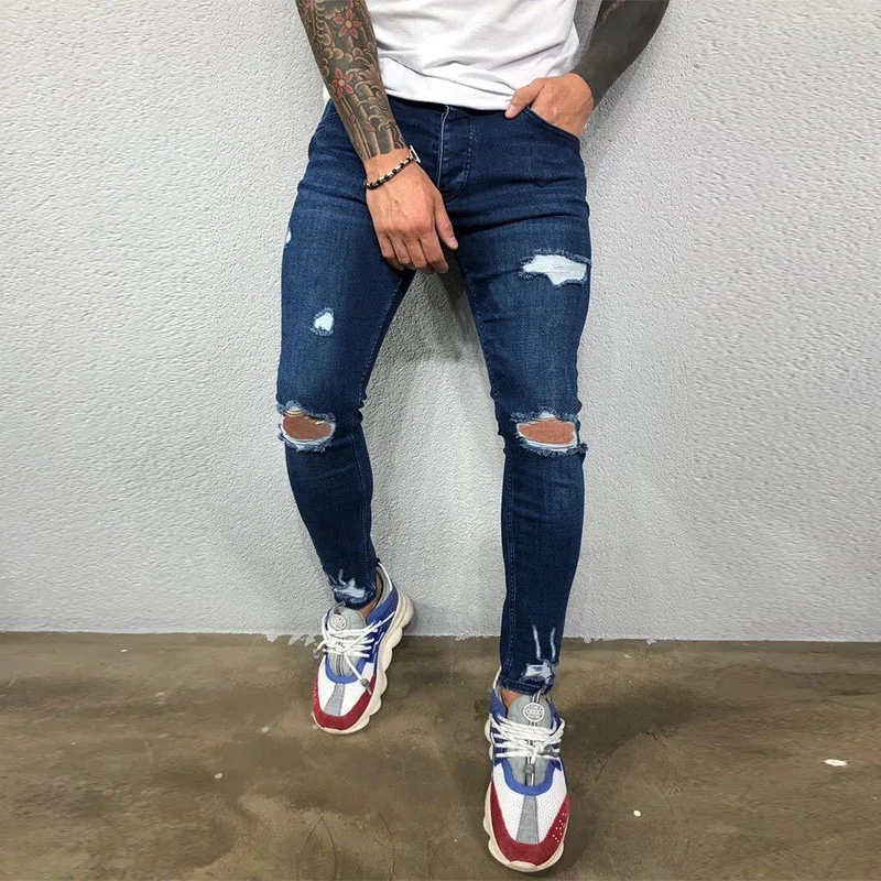 Men Casual Fashion ​Ripped Jeans New Arrivals Street Style Elastic Pure Color Man's Pencil Pants Hip Hop Male Blue Denim Pants