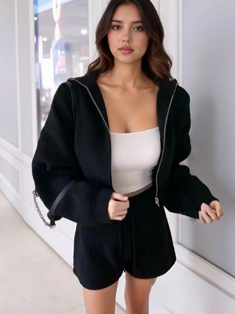 

Elegant Knitted Sets for Women Casual Loose Zipper Long Sleeve Short Sporty Two Pieces Sets Women Autumn Winter Women's Clothing