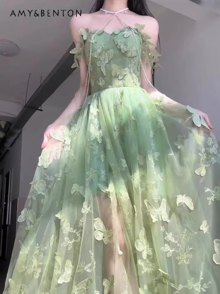 

2025 Green Forest Style Light Luxury Off-Shoulder Butterfly Print High Waist Slim Fit Adult Ceremony Banquet Princess Long Dress