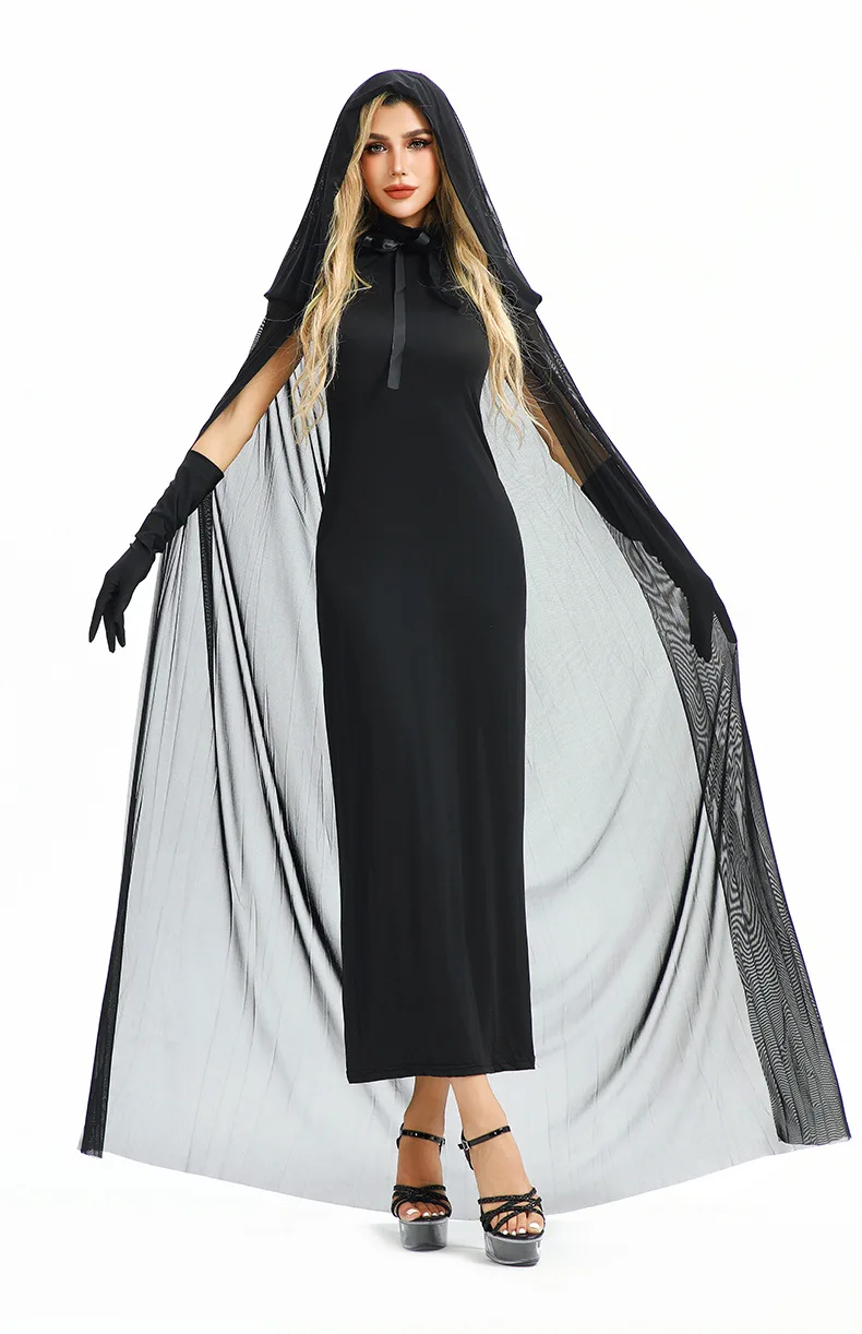 Robe Sorcière Gothique Noire avec Cape à Capuche et Gants – photo 11