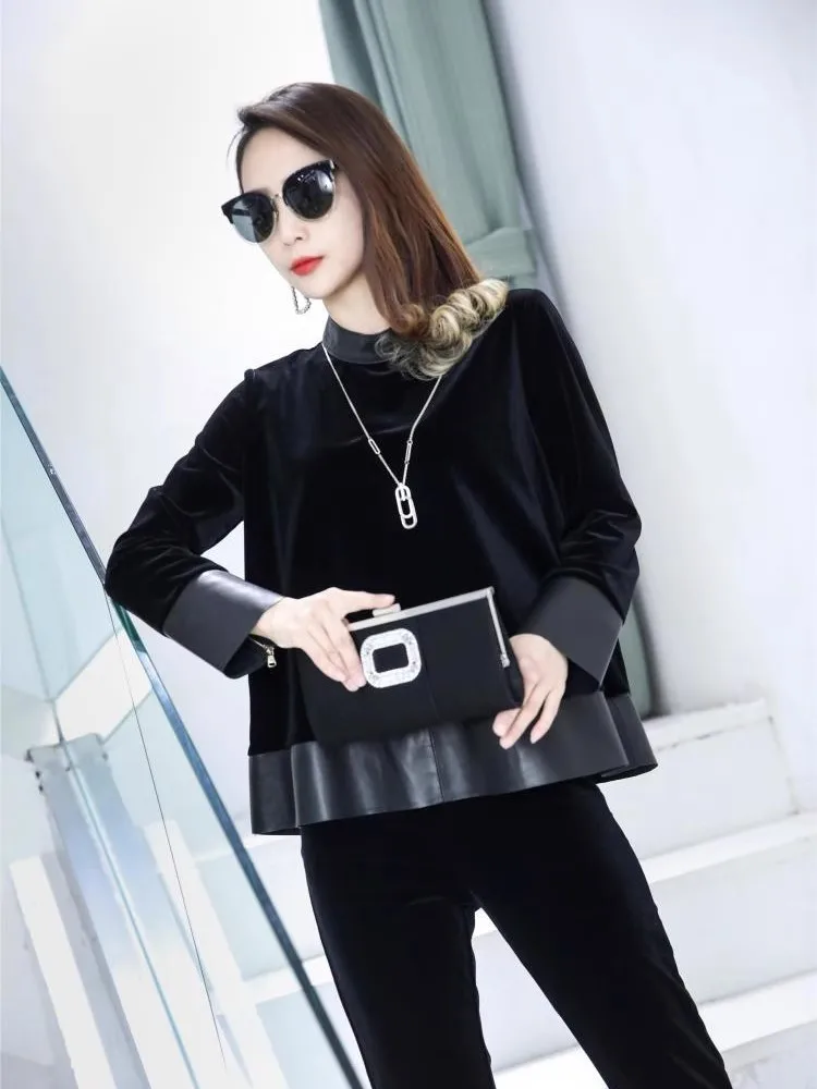 Women Autumn Velvet Patchwork Genuine Leather Tops Stand Collar Loose Fit Coat Office Ladies Casual Outwear Jacket Streetwear