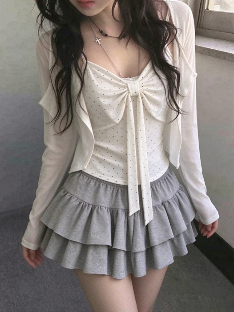 Y2K Mini Skirt Lace Bow Tops Kawaii Japanese Preppy 2 Piece Skirt Set Korean American Retro Sweet Subculture Fashion For Women