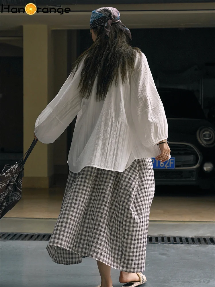 HanOrange 2025 Summer Reduced Age O-Neck Vertical Pattern Shirt Women Comfortable Breathable Loose Silhouette Top White