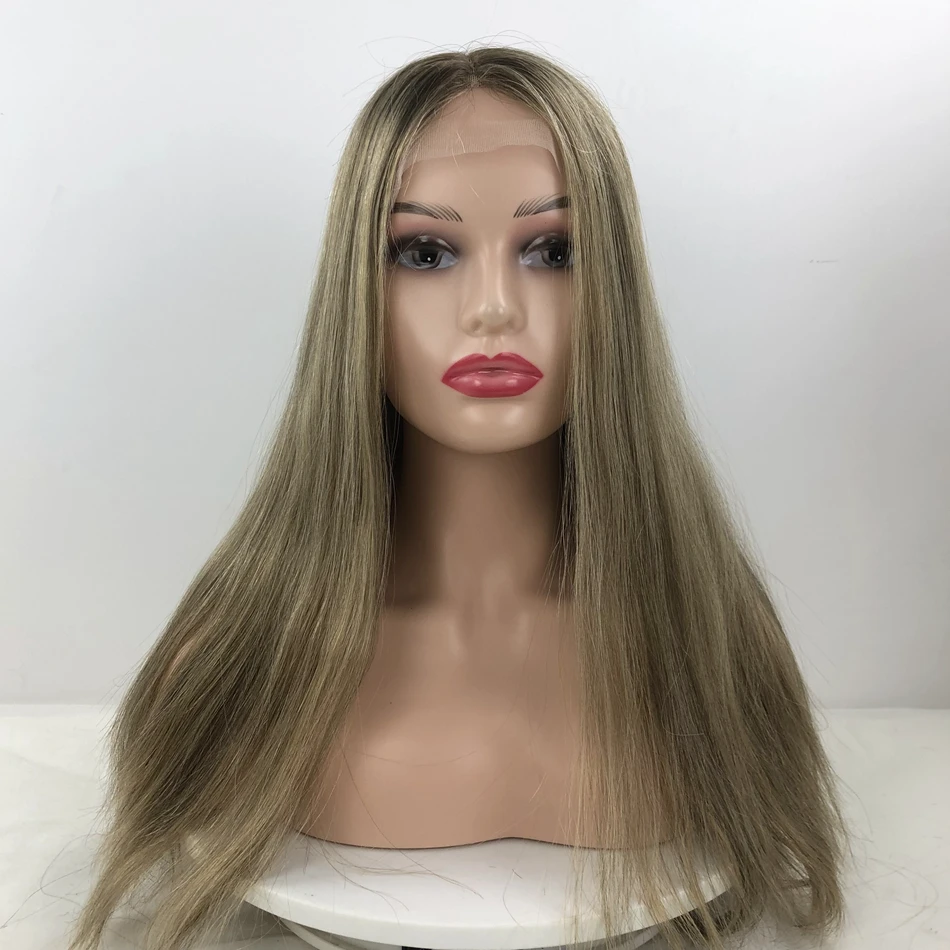 Peruca de cabelo humano kosher-remy para mulheres brancas, marrom com destaques, estilo reto longo, top de renda suíço, sheitels de pequena camada